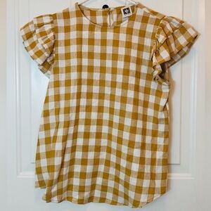 Anne Klein Mustard and White Checkered Ruffle Top
